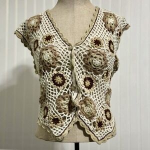 Vintage Margules Crochet Floral Knit Vest M Ramie Cotton 90s Boho Cottagecore